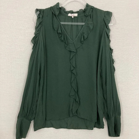 Parker Green Ruffle Ultra Soft Flowy 100% Silk V Neck Long Sleeve Top Medium - Picture 1 of 11